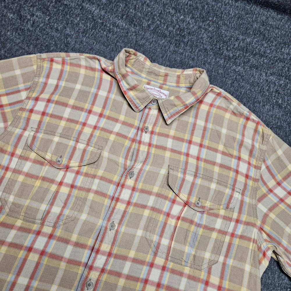 Filson Button Down Shirt Mens XL Tan Red Plaid Short Sleeve Cotton Workwear